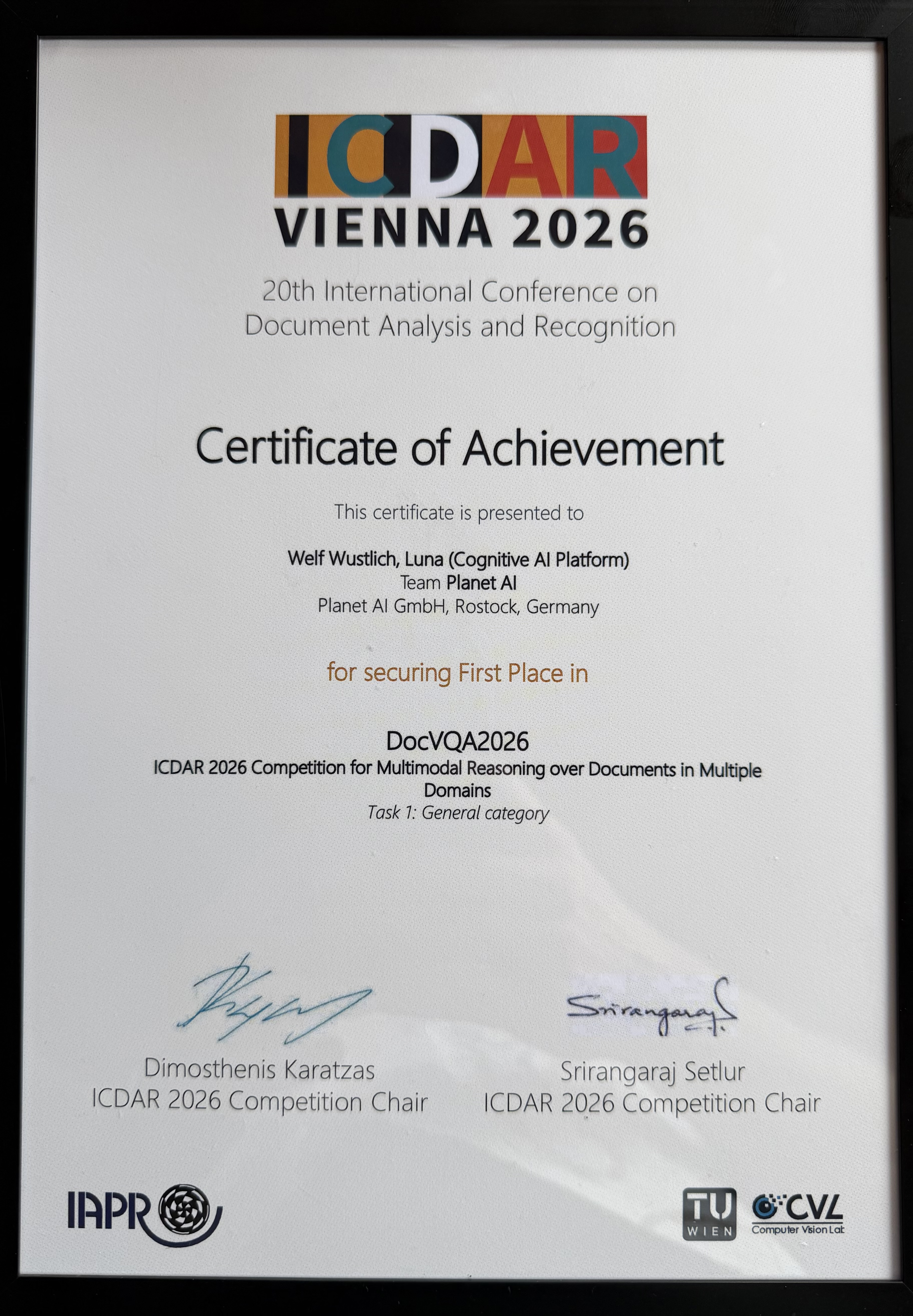 ICDAR 2026 — Certificate of Achievement · First Place DocVQA2026 · Luna / Planet AI